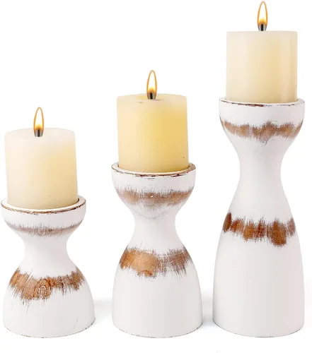 Vista 8 de Portavelas de madera de granja para velas de pilar, juego de 3 portavelas de madera rústica con cuerda de cáñamo, decoración de mesa de mesa