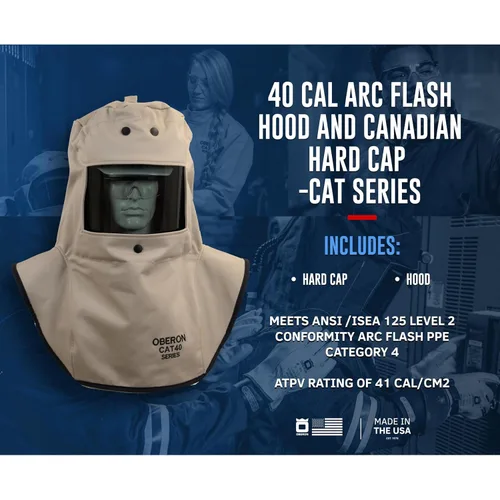 Vista 2 de Oberon Arc Flash Hood 40 Cal Incluye Capucha y Casquillo Duro Canadiense Serie CAT