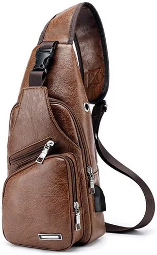 Vista 4 de Bolso de carga USB para hombre, bolso de pecho para hombre, bolso de hombro de PVC PU personalizado, paquete diagonal, bolsa de viaje de mensajero