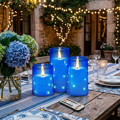 Vista 3 de Homemory Velas sin llama con cadena de estrellas incrustadas, velas que funcionan con pilas, velas LED, velas falsas con control remoto y Azul