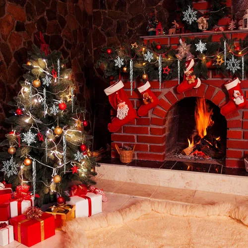 Vista 7 de Chuangdi 72 adornos de carámbano de copo de nieve para árbol de Navidad, carámbanos con purpurina retorcida, decoración de gota de acrílico