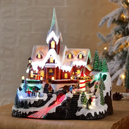 Vista 2 de Casa de iglesia de pueblo navideño de 15 pulgadas, escena animada de invierno con patinadores, carrusel giratorio, luces de fibra óptica y música