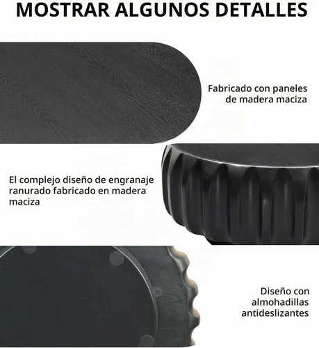 Vista 5 de Mesa de centro de tambor de 31.5 pulgadas, moderna mesa de té acanalada única, mesa de centro redonda de madera contemporánea con mesa central Negro