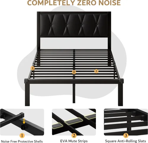 Vista 7 de iPormis Marco de cama tamaño matrimonial de metal, cama con cabecera tapizada con botones de piel sintética, soporte de listones resistentes, 30 cm
