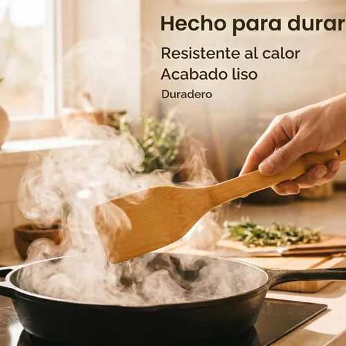 Vista 4 de Juego de utensilios de madera de bambú, 6 piezas, antiadherentes, seguros y resistentes al calor, utensilios de bambú para cocinar, fáciles