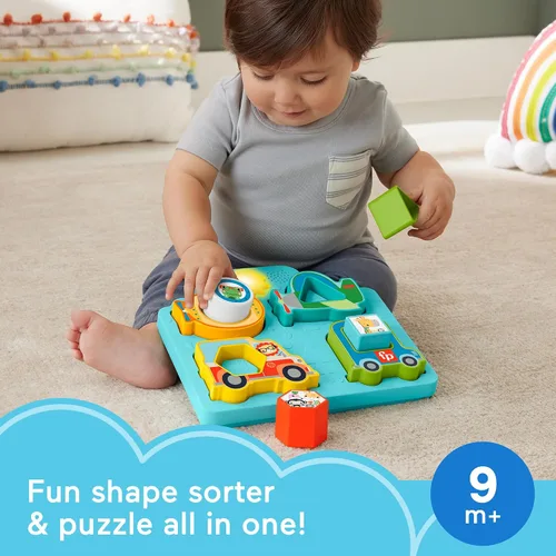 Vista 2 de Fisher-Price Juguete de clasificación para bebés con formas y sonidos rompecabezas de vehículo con música y luces para juegos de motricidad fina