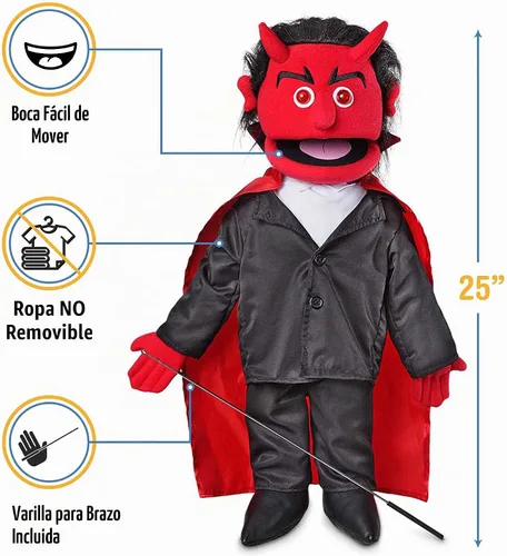 Vista 3 de Diablo de 25 pulgadas con ojos iluminados, cuerpo completo, marioneta estilo ventrílocuo
