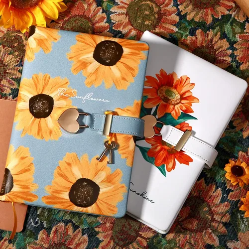 Vista 7 de Diario infantil de cuero sintético con candado y llave, agenda de viaje, agenda, cuaderno secreto de notas para mujer, 5.3 x 8.4 pulgadas, girasol