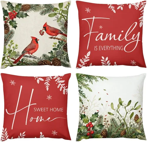 Vista 9 de Juego de 4 fundas de almohada decorativas de árbol de Navidad con estampado de ambos lados, 16 x 16 pulgadas, fundas de almohada de bosque