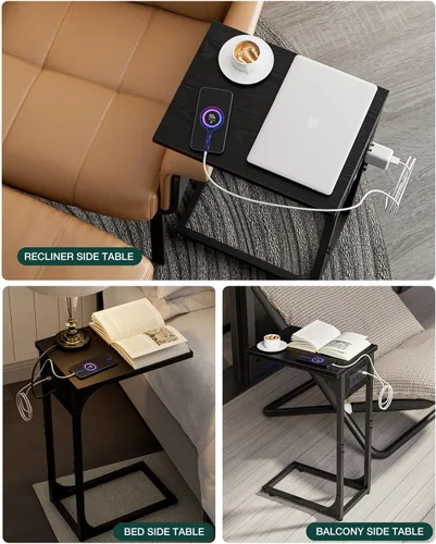Vista 6 de Mesa auxiliar en forma de C para sofá, soporte de café pequeño, bandeja de sofá con marco de metal, parte superior de madera impermeable resistente