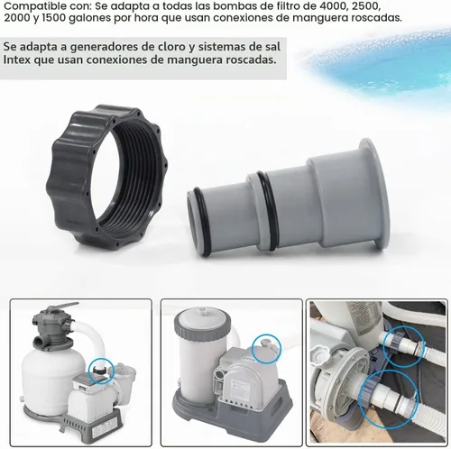 Vista 4 de Adaptador de manguera de piscina A con collar para bomba de conexión roscada Intex, convierte mangueras de 1.5 y 1.25 pulgadas (paquete de 2)