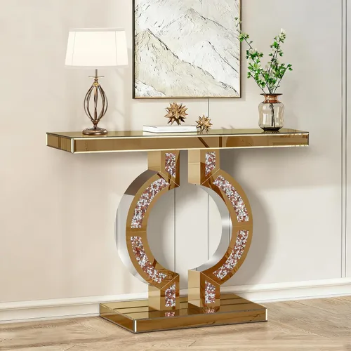 Vista 9 de Mesa consola con espejo negro y engastes de diamante triturado, mesa de entrada de 39.4" de largo, mesa estrecha de acento moderno con base