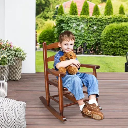 Vista 2 de JOYMOR Silla mecedora de madera para exteriores para niños con respaldo alto, balancín para niños resistente al clima, silla mecedora de patio