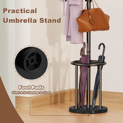 Vista 5 de Perchero independiente con soporte para paraguas, perchero con 12 ganchos para ropa, bolsos, sombreros, perchero, árbol, perchero, sombrero