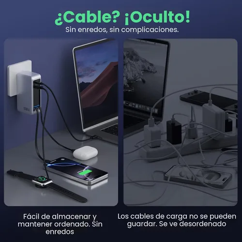 Vista 5 de Bloque de cargador USB C de 120W con 2 cables retráctiles integrados, cargador de pared con enchufe plegable GaN IV 4 en 1, estación de carga A-Plata