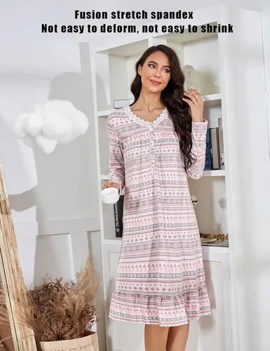 Vista 7 de MZROCR Camisones de manga larga para mujer, de algodón suave, cuello en V, ligero, ropa de dormir con encaje, para mujer