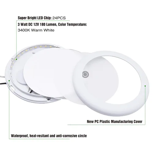 Vista 5 de Luz LED de 3 pulgadas para RV, luz de cúpula de 12V para montaje en superficie con interruptor regulador, luz interior de 12V para autocaravana