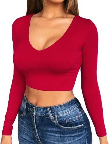 Vista 13 de Artfish Women's Long Sleeve Scoop V Neck Crop Top 04# Cuello en V Negro
