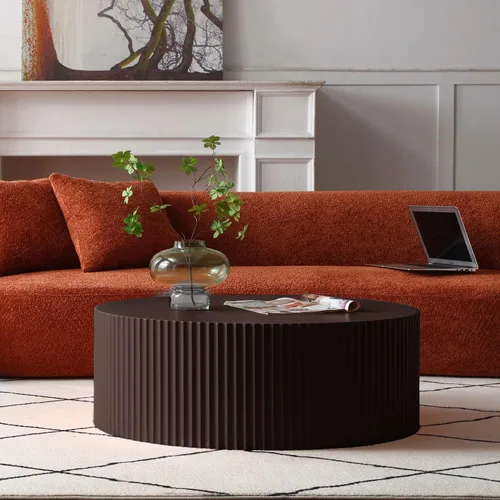 Vista 9 de JUSTONE Juego de 2 mesas de centro redondas anidadas, mesas decorativas de madera modernas marrones que ahorran espacio para espacios pequeños