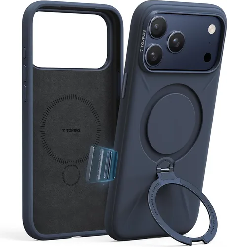 Vista 15 de TORRAS Funda de silicona líquida para iPhone 16 Pro con anillo magnético giratorio de 360 grados y control de cámara, compatible con MagSafe, Funda