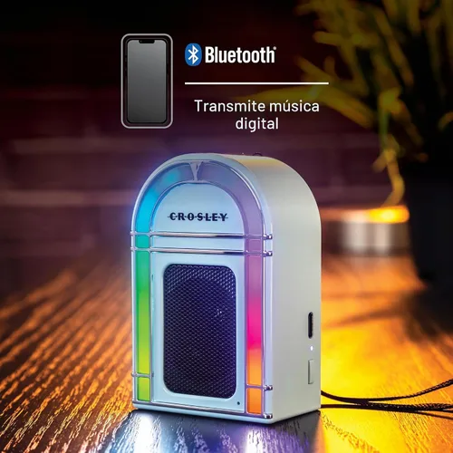 Vista 4 de Crosley CR3046A-AB Mini Jukebox Altavoz Bluetooth portátil con luces LED y micrófono, azul aguamarina