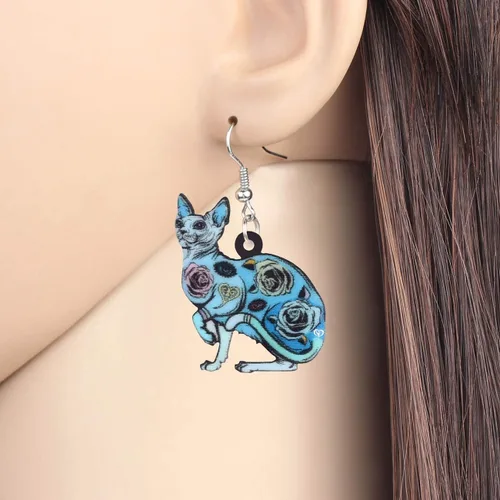 Vista 2 de BONSNY Pendientes de acrílico con diseño de gato canadiense sin pelo para mujeres y niñas