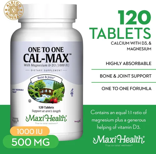Vista 2 de Suplemento de calcio de 500 mg con vitamina D3 (1000 UI) y magnesio (500 mg) - Soporte para huesos, dientes y articulaciones para hombres y mujeres