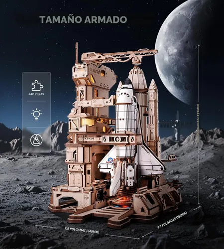 Vista 5 de ROKR 3D Puzzles - Modelo de transbordador espacial - Base de lanzamiento dinámica con elevación motorizada, efectos de luz LED, kit de construcción