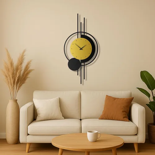 Vista 6 de pluviart Reloj de pared geométrico dorado y negro, reloj de metal silencioso grande, arte de pared moderno de mediados de siglo para sala de estar