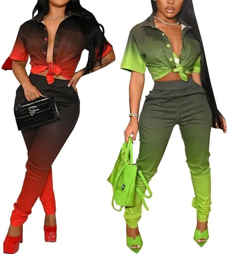 Vista 7 de DinyIn Women's Casual Sexy 2 Pieces Outfits Lantern Sleeve Button Up Shirt Blouses Top Long Pants Clubwear Party Set