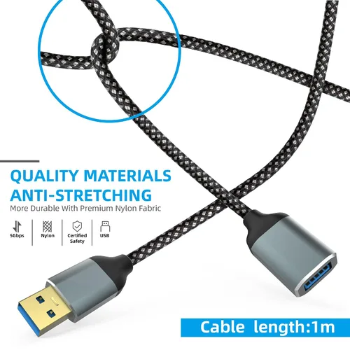 Vista 4 de Cable de extensión USB 3.0, 3.3 pies tipo A, macho a hembra, duradero, trenzado, USB A a USB A, cable extensor de alta transferencia de datos
