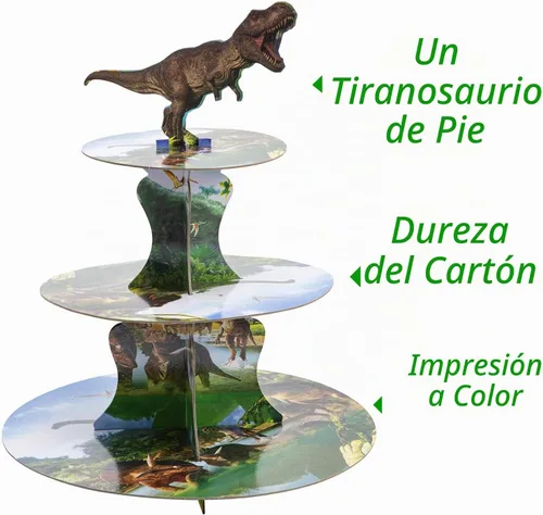 Vista 2 de Soporte para cupcakes de dinosaurio de 3 niveles para fiesta de cumpleaños de niños, soporte de cartón para 24 cupcakes