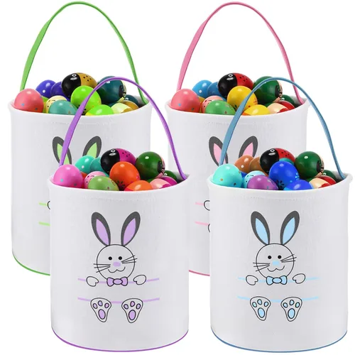 Vista 18 de Honeydak 4 cestas de Pascua para niños, bolsas de caza de huevos de Pascua, bolsas de lona de regalo, cubos de huevos con asas para caza de huevos