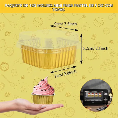 Vista 2 de Paquete de 100 mini moldes cuadrados para tartas con tapas, de papel de aluminio dorado de 5 onzas, recipientes individuales de postre
