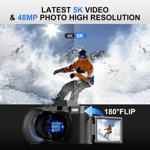 Vista 2 de Cámara digital 5K para fotografía, cámara de vlogging WiFi de 64MP con doble lente y pantalla abatible de 180°, zoom 16X, kit de cámara de apuntar
