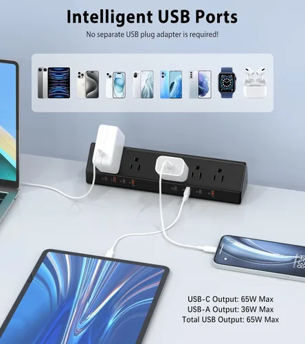 Vista 5 de Regleta de Alimentación con Abrazadera para Escritorio de 65W Estación de Carga Rápida, 4 PD USB-C, 5 Tomacorrientes, Protector contra