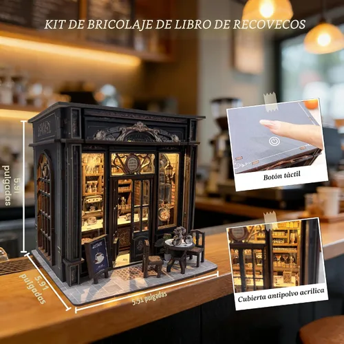 Vista 2 de Kit de rincón de libros para cafetería, kit de casa en miniatura con luz LED para adultos y adolescentes, rompecabezas de madera 3D, rincón