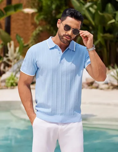 Vista 101 de COOFANDY Camisas polo de punto para hombre de manga corta con textura acanalada Camisas de golf casuales y ligeras con cuello Camiseta de polo