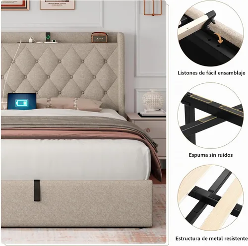 Vista 6 de iPormis Base de cama de almacenamiento elevable de tamaño completo con estación de carga, base de cama de plataforma tapizada con cabecera capitoné