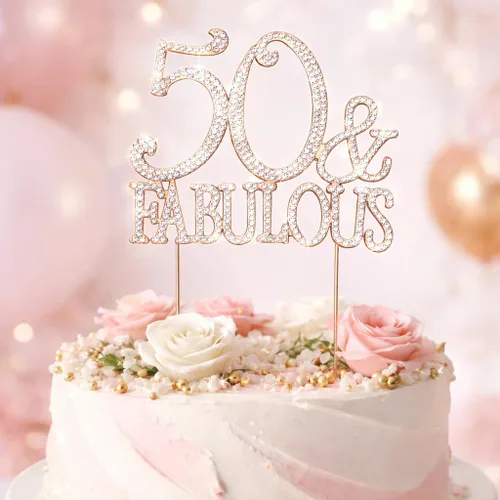 Vista 2 de Decoración de 50 tartas – Metal de oro rosa de alta calidad – 50 y fabuloso – Decoración brillante de diamantes de imitación para fiesta