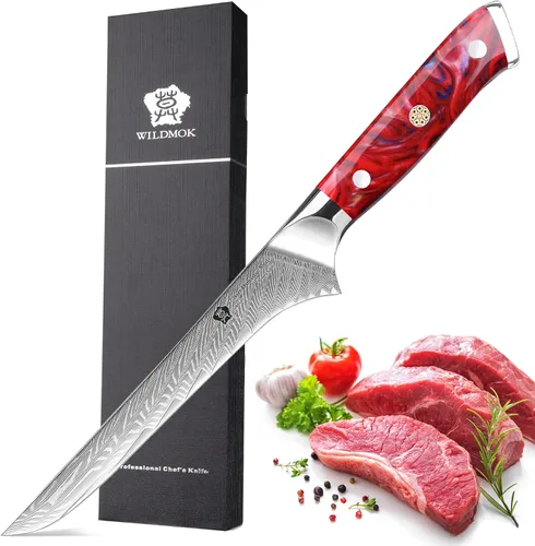 Vista 8 de WILDMOK Cuchillo deshuesador japonés de Damasco de 7 pulgadas, grado profesional, mango de espiga completa de resina