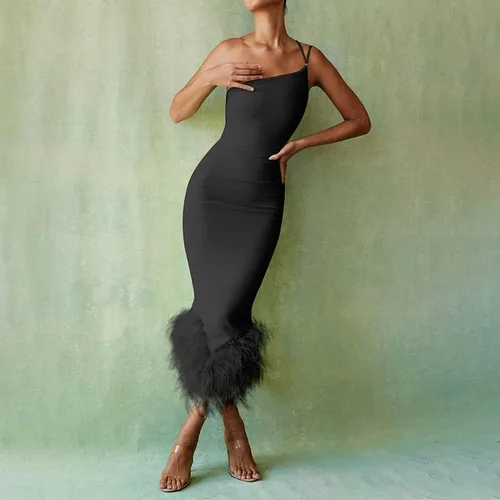 Vista 2 de Vestido sin mangas con ribete de plumas para mujer, de piel sintética, hombros descubiertos, vestido midi ajustado Y2k, esponjoso, para fiesta
