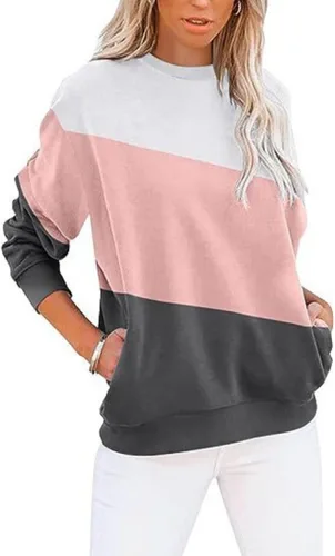 Vista 10 de Sudadera para mujer, casual, cuello redondo, manga larga, bloque de color, suave, holgada, con bolsillo, S-2XL