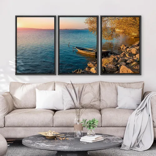 Vista 3 de wall26 Lienzo enmarcado para pared, juego de arte de puesta de sol junto al lago, escena tranquila junto al agua, fotografía, realismo, paisaje