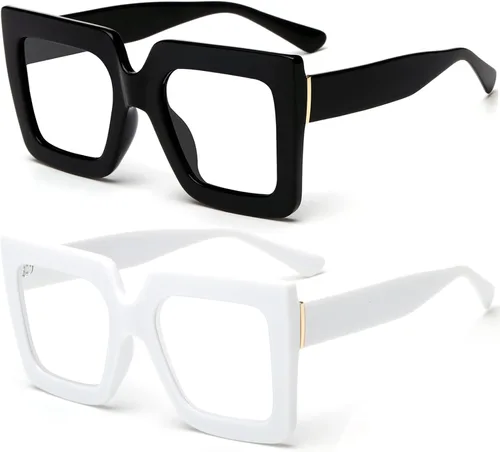 Vista 18 de Gafas de luz azul extragrandes para mujer, moda, gafas de computadora de lente cuadrada gruesa, sin receta, gafas negras, A1 negro