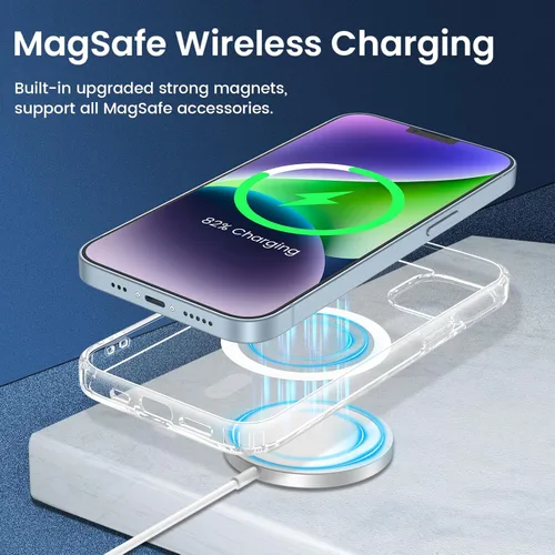 Vista 2 de VEGO Funda para iPhone 13 y iPhone 14, con imanes integrados, parte trasera de policarbonato duro transparente + funda delgada de TPU suave