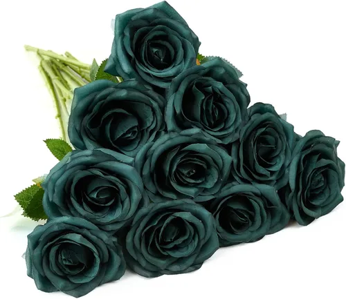 Vista 33 de 10 rosas artificiales abiertas, tallos de rosas artificiales para arreglos de boda, ramo de novia, centro de mesa, flores de seda sintética falsas