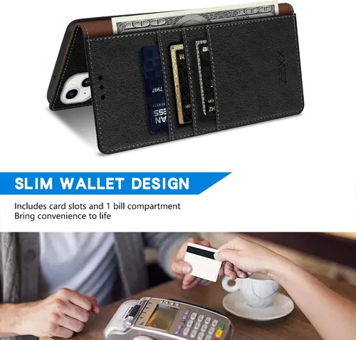 Vista 4 de ZZXX Funda tipo cartera para iPhone 14 Plus con bloqueo RFID, ranura para tarjetas, función atril, cierre magnético, funda protectora de cuero Negro