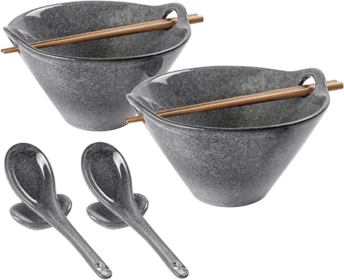 Vista 17 de UNICASA Juego de 2 cuencos japoneses para ramen con palillos, cucharas y reposos, 26 onzas, para fideos de porcelana profunda, Udon, Pho, ensalada