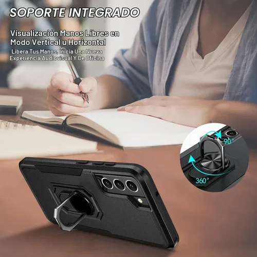 Vista 4 de Oterkin Funda para Samsung Galaxy S21 FE, resistente a prueba de golpes de grado militar con soporte y protector de pantalla de vidrio templado Negro